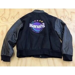 Vintage Harrahs Men's Size XL Black Wool & Leather Snap Button Varsity Jacket